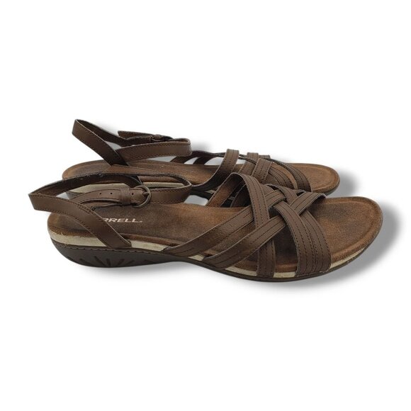 Merrell Earth Sandals Womens 11 Leather Criss Cross Buckle Brown‎ - Picture 2 of 9